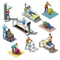 Isometric rehabilitation medical center with human characters. People with musculoskeletal disorders do physical therapy exercises, patients on the recovery and treatment program. Healthcare concept. vector