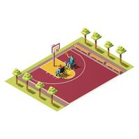 2Sport players with ball, people with disabilities. Isometric composition with two invalids in wheelchair playing basketball on athletic field illustration on white background. vector