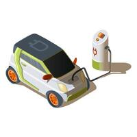 Isometric electric car at a charging station. Electro green vehicle connected with power resource through cable. Eco automobile 3d illustration. vector