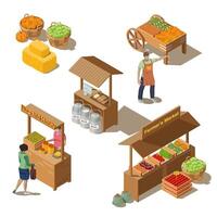 Farm local market isometric set of food counters with fresh health foods. Farmer characters selling milk products, natural honey, nuts, homemade cheese and eco vegetables. Harvest concept illustration vector