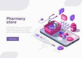 Isometric online pharmacy store with pills blister pack, medicine tablets, pharmaceutical capsules, thermometer, bottle on smartphone screen with payment button via app. Drug pharma web page concept. vector