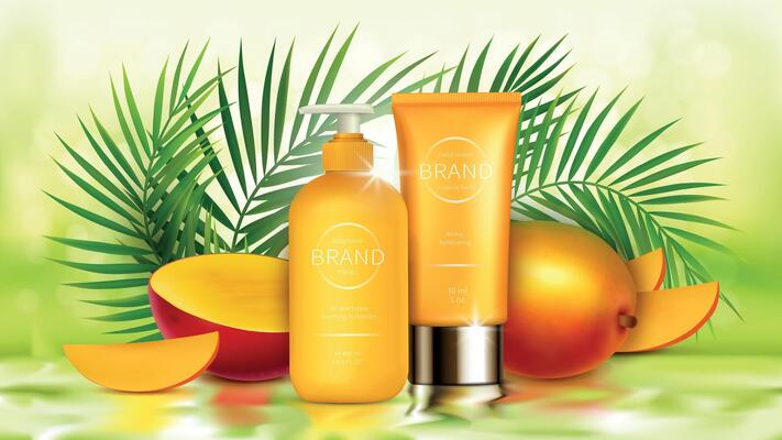 Tropical mango cosmetics realistic background. Bottles with cosmetic skin care product, whole and sliced yellow mango fruit and green palm leaves with sunlight. Mock up promo banner