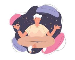 plano calma hombre con cerrado ojos y cruzado piernas meditando en yoga loto postura. contento persona haciendo meditación ejercicio, atención plena práctica, espiritual disciplina. concepto de zen, armonía o salud. vector