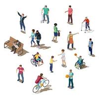 Isometric 3d set of different people. Young and old characters who walk, play, ride or communicate. Disabled humans are walking with walker, crutches, cane or on wheelchair. Businessman read newspaper vector