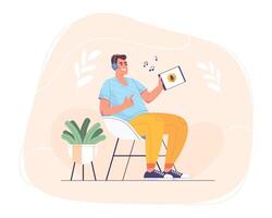 Flat happy teen in headphones sitting at home in chair and using tablet for online self education. Smiling man relaxing and listening to music, radio, lecture, podcast or digital audiobook on device. vector