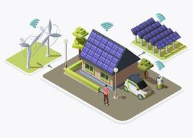 Electric car, smart house connected to alternative energy sources produced by wind turbines and solar panels. Smart grid concept design. Flat isometric illustration isolated on white background vector