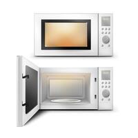 3d realistic microwave oven with light, timer and empty glass plate inside front view isolated on white background. Home appliance with open and close door to heat and defrost food, for cooking vector