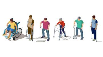 Isometric people with leg injuries, crack or break of bones, spine, fracture of foot, orthopedic problems. Characters on crutches, walker, in wheelchair, with stick, cane. Rehabilitation of disabled. vector