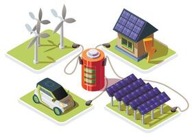 Isometric 3d electric car and smart house is connected to battery that is charging through power cords from renewable power supply such as windmills and solar panels. Alternative energy source concept vector