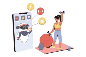 Personal coaching, online training with ai fitness chatbot. Woman use artificial intelligence for engage health goals. Robot in mobile app help doing healthy exercises. Sport athletic coach technology vector