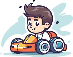 linda dibujos animados chico conducción un carrera coche en un plano estilo. vector