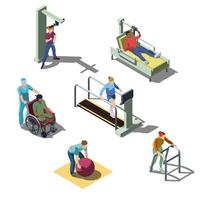 Isometric rehabilitation medical clinic with human characters. People with problems of the musculoskeletal system do physical therapy exercises. Patients on the recovery and treatment program. vector