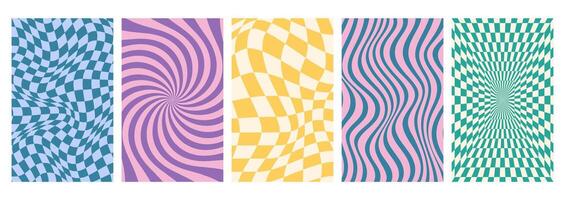 Set of psychedelic checkerboard background with warped grid tile, tunnel, spiral and swirl. Checkered seamless geometric pattern in groovy y2k style. Chessboard poster with twisted or distorted effect vector