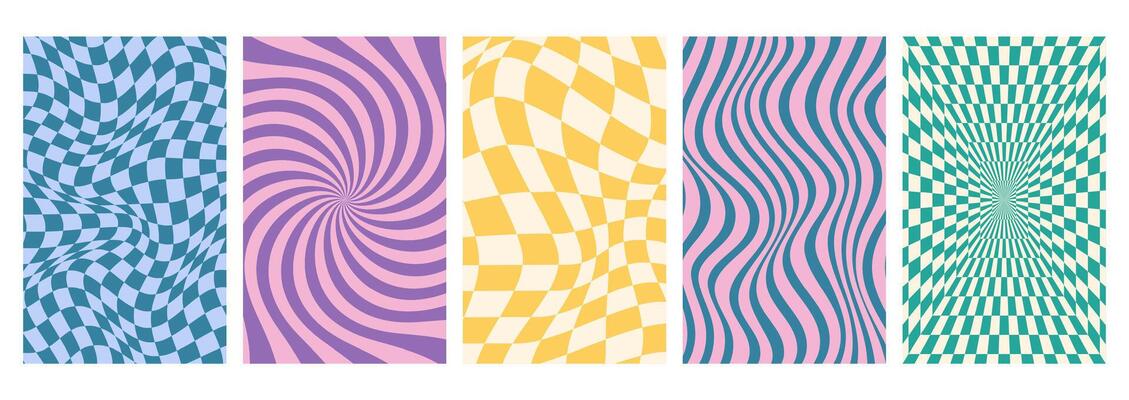 Set of psychedelic checkerboard background with warped grid tile, tunnel, spiral and swirl. Checkered seamless geometric pattern in groovy y2k style. Chessboard poster with twisted or distorted effect