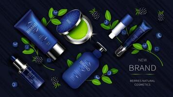 Cosmetic series with wild berries realistic illustration. Natural cosmetics, blue design for cream and lotion, serum and lip balm beside blueberry and green leaves, organic skin care product vector