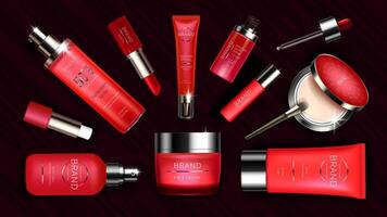 rojo cosmético línea para piel cuidado y maquillaje realista ilustración brillante productos cosméticos paquete diseño para crema, loción y protector solar rociar, suero, lápiz labial y cara de corrección ocultador con cepillo vector