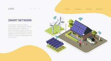 Smart network technology concept. Isometric wind electricity generators and solar panels connected to house, alternative energy source. Landing page, website template, interface design. vector