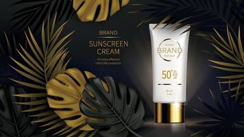 Sun protection cosmetic realistic ads poster. White plastic tube with sunscreen product, black golden tropical date palm, monstera leaves on dark background. Spf cosmetics, mock up for magazine vector