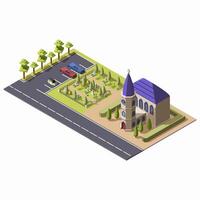 Isometric christian catholic church with cemetery isolated on white background. Religious building with chapel near burial place and parking. Architecture of public cathedral or temple along highway. vector