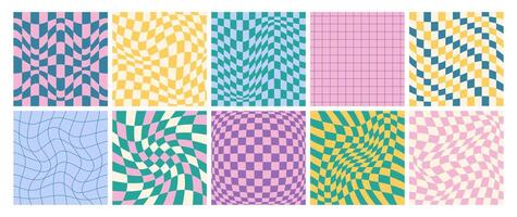 Set of square psychedelic checkerboards with distorted grid tile. Groovy checkered seamless pattern in trendy y2k style. Funky hippie gingham cover. Retro wavy chessboard with surreal geometric shapes vector