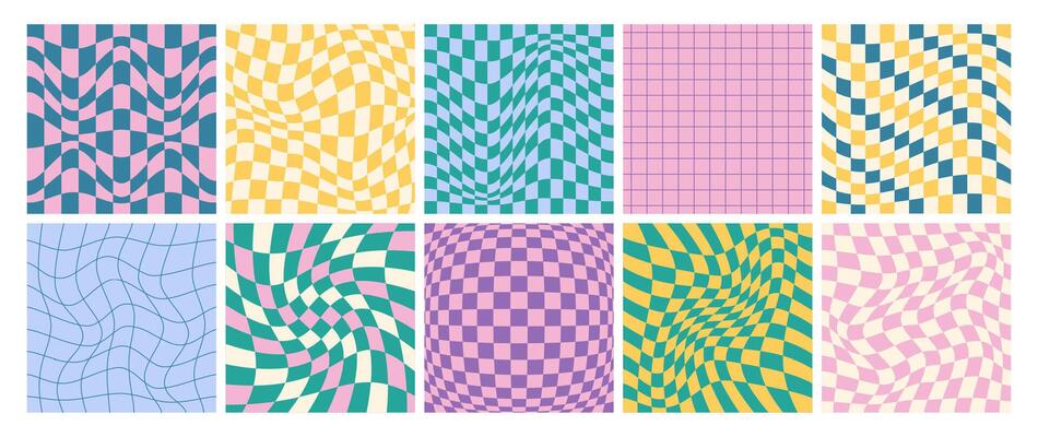 Set of square psychedelic checkerboards with distorted grid tile. Groovy checkered seamless pattern in trendy y2k style. Funky hippie gingham cover. Retro wavy chessboard with surreal geometric shapes