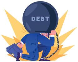 Office worker in suit tied by chain to large burden. Entrepreneur holding on his back huge weight of debt, tax or fee. Financial crisis, bankruptcy or money loss problem concept flat illustration. vector