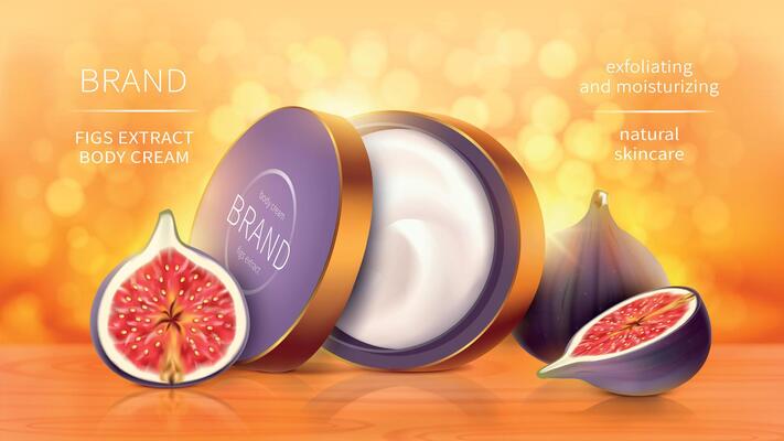 Tropical figs cosmetics realistic background. Open jar with cosmetic skin care product, whole and sliced purple fig fruit on bright orange blurred background with golden sunny bokeh