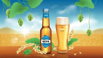 Wheat craft beer. Golden beer, refreshing alcoholic drink brewed from wheat and hops in glass bottle and lying spikelets on natural background, ads promotional banner. vector