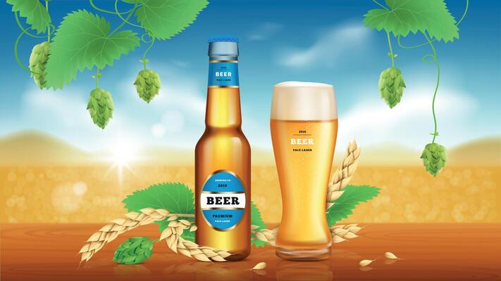 Wheat craft beer. Golden beer, refreshing alcoholic drink brewed from wheat and hops in glass bottle and lying spikelets on natural background, ads promotional banner.