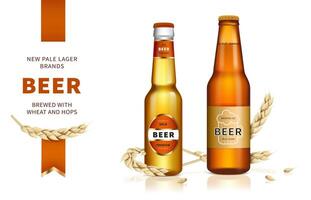 Wheat craft beer. Golden beer, refreshing alcoholic drink brewed from wheat and hops in glass bottle and lying spikelets on white glossy background, ads promotional banner. vector