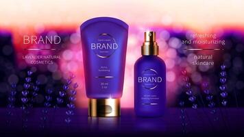 Lavender cosmetic series for hand skin care, realistic . Purple cream and aroma oil bottle. Cosmetics stands near blooming lavender field and pink sunset, dawn sky, ads poster for spa or mockup vector