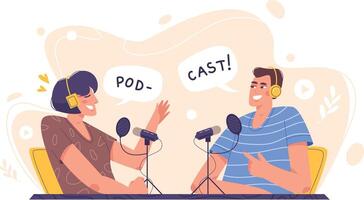 People in studio with headphones and microphones recording audio podcast or online show. Person radio host interviewing guest. Flat characters in headset with mic talking. Mass media broadcasting. vector