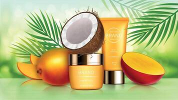 Tropical mango and coconut cosmetics realistic background. Bottles with skin care product, coconut half,, yellow mango fruit and green palm leaves. Mock up promo banner with organic cosmetics vector