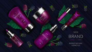 Cosmetic series with wild berries realistic illustration. Natural cosmetics, violet design for cream and lotion, serum and lip balm beside blackberry and green leaves, organic skin care product vector