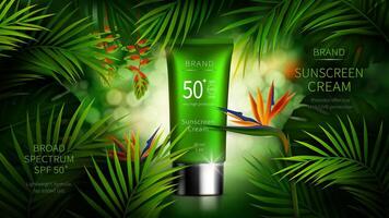 Sun protection cosmetic realistic ads poster. Green plastic tube with sunscreen product near tropical date palm, monstera leaves and strelitzia flower. Spf cosmetics, mock up for magazine vector