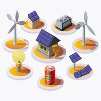 Isometric 3d set of natural alternative eco renewable green energy sources and smart home. Electric power icons. Solar panel, light bulb, windmill, battery, power generator and sign of voltage. vector