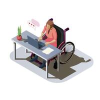 Woman with disability at desk working on a computer. Invalid lady with injury in a wheelchair doing work or communicate online. Handicapped character at workplace, isometric illustration. vector