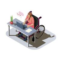 mujer con invalidez a escritorio trabajando en un computadora. inválido dama con lesión en un silla de ruedas haciendo trabajo o comunicar en línea. minusválido personaje a lugar de trabajo, isométrica ilustración. vector