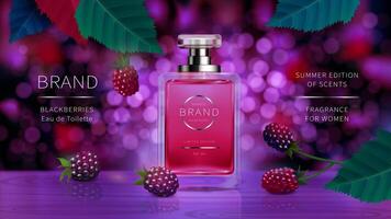 Elegant glass bottle for women perfumes with cap and wild berries, violet blackberry realistic . Classic packaging for fragrances and interior perfumes isolated on defocused background vector