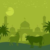 Green Islamic poster for Eid al-Adha, with mosque, cow and goat silhouette icons. Design template with empty space for text. illustration of day of sacrifice vector