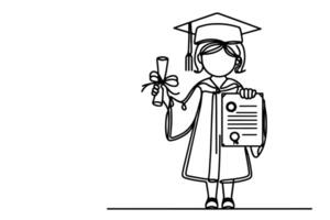 one continuous black line art drawing of school student kid graduate holding certificate paper doodle style on white background vector