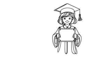 one continuous black line art drawing of school student kid graduate holding certificate paper doodle style on white background vector