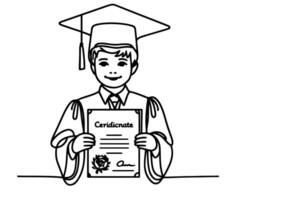 one continuous black line art drawing of school student kid graduate holding certificate paper doodle style on white background vector