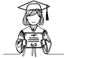 one continuous black line art drawing of school student kid graduate holding certificate paper doodle style on white background vector