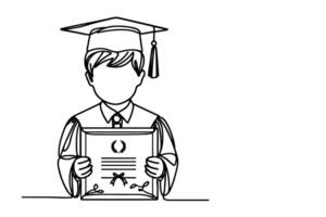 one continuous black line art drawing of school student kid graduate holding certificate paper doodle style on white background vector