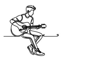 one continuous line drawing of man playing the guitar outline doodle on white background vector