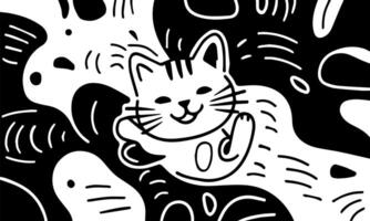 Cute cat. illustration. Black and white. Seamless pattern. vector
