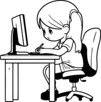 niña sentado a el escritorio y trabajando en computadora. vector