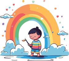 cute little boy playing with rainbow cartoon illustration graphic design illustration graphic design vector