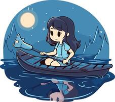 niña en un canoa en el lago a noche. vector